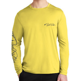 Yellow long-sleeve camo tee with small chest logo and sleeve graphic