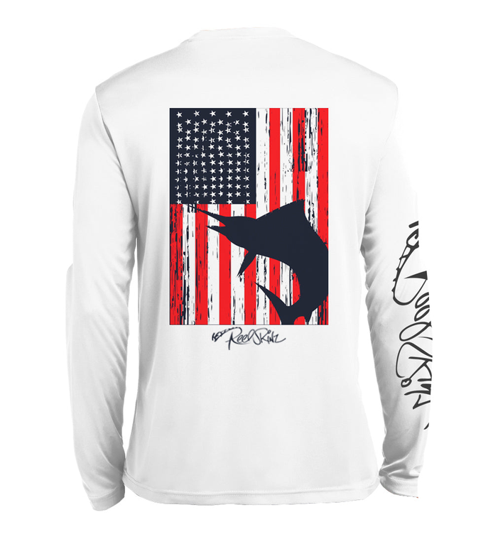 White long-sleeve shirt with American flag fish graphic on back