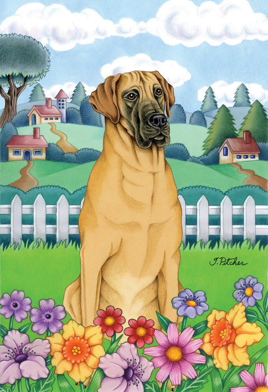 Garden flag featuring a tan Great Dane portrait with colorful flowers along the bottom