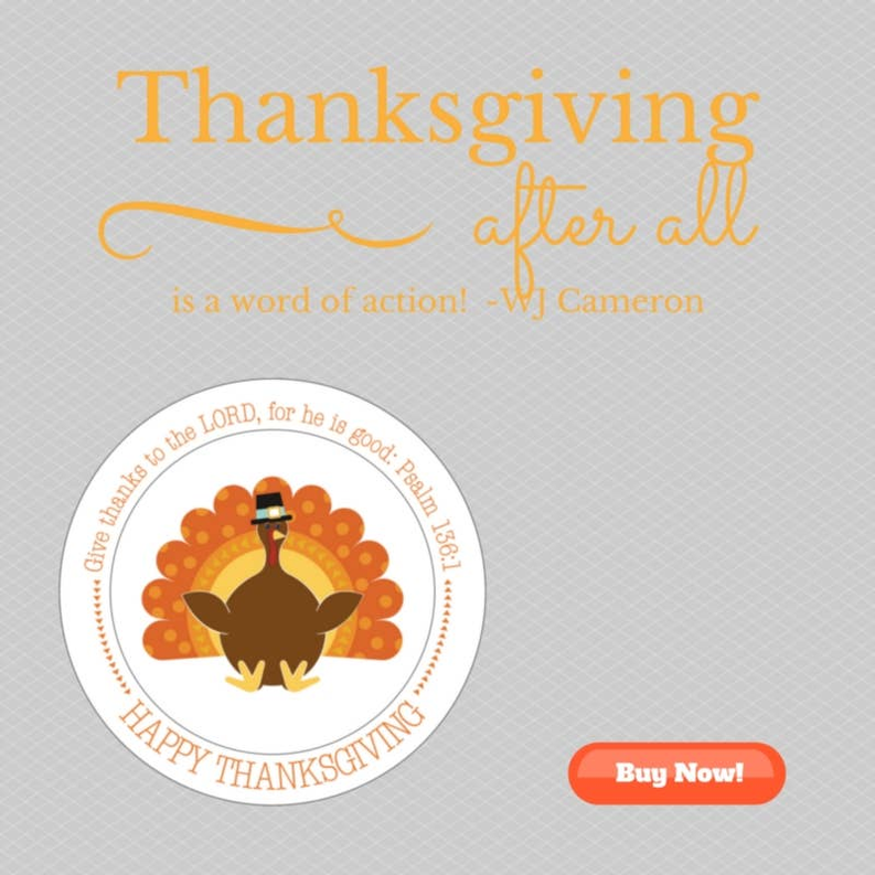 Round Happy Thanksgiving plate with turkey illustration and orange lettering