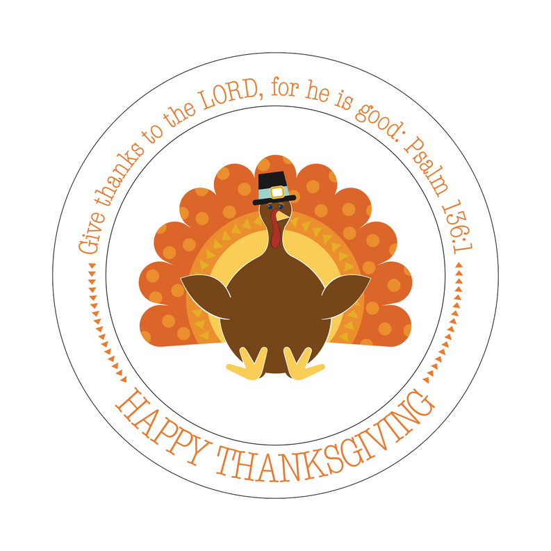 Round Happy Thanksgiving plate with turkey illustration on white background