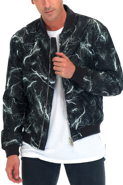 Black bomber jacket with white lightning bolt print, front zipper, ribbed cuffs and hem