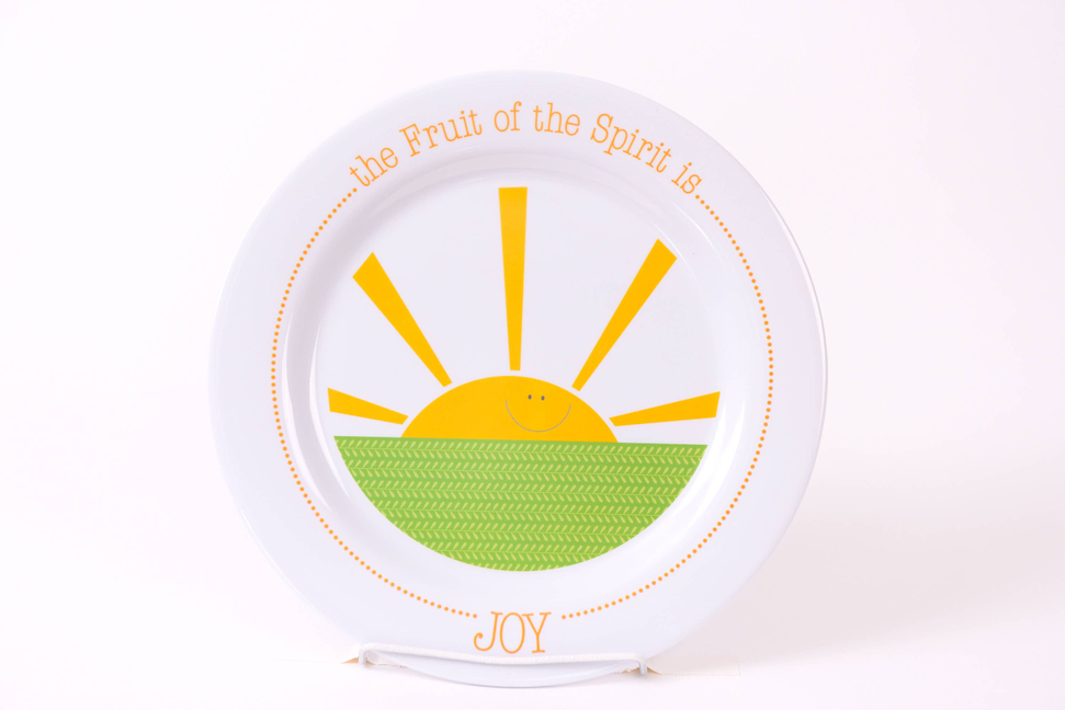 Joy Plate white round plate with yellow sun design and “Joy” text