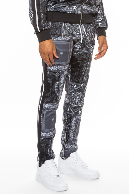 Black paisley all-over print track pants with elastic cuffs
