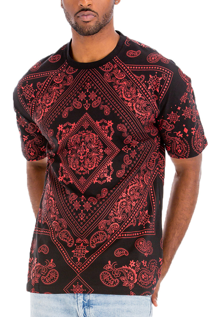 Black paisley print T-shirt with red bandana-style design
