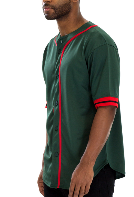 No Hitter baseball jersey in dark green with red trim and striped sleeves