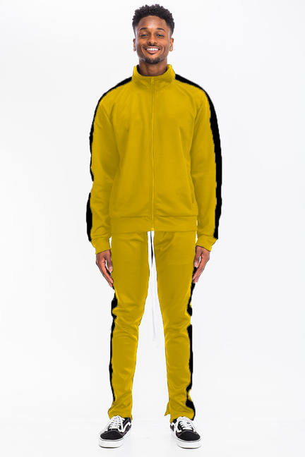 Men's yellow track set with zip jacket and black side stripe pants