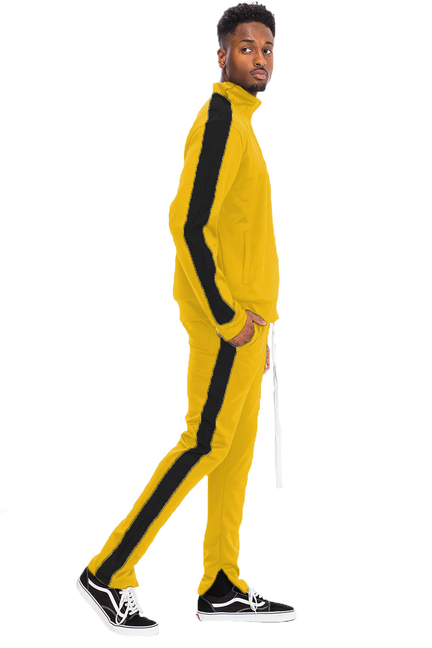Men's yellow track set with full-zip jacket and black side stripes, side view
