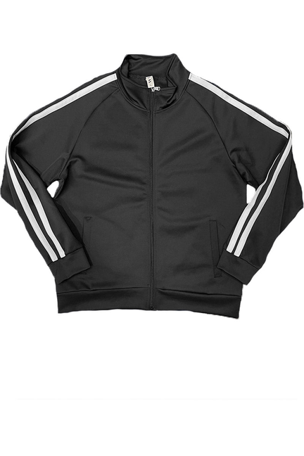 Zip-up track jacket, black with white sleeve stripes and zip front pocket.