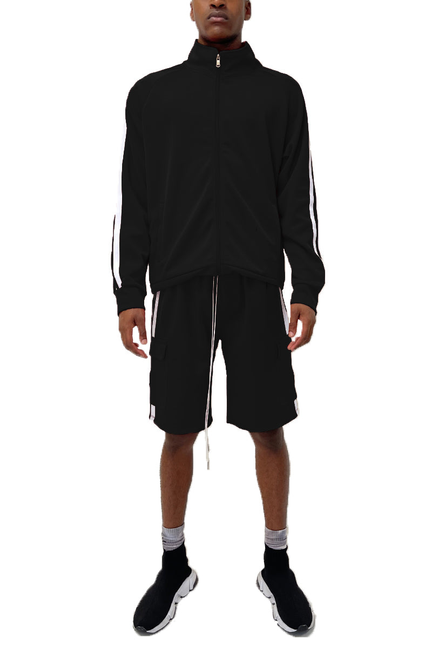 Two-piece track jacket and cargo shorts set, black zip-up jacket and shorts.