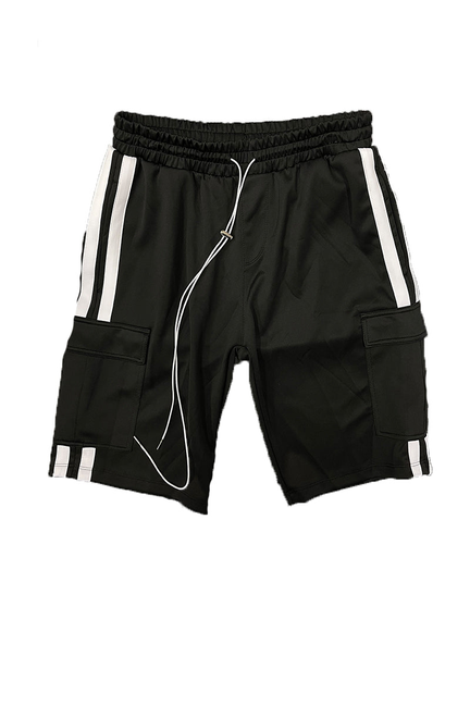 Cargo shorts, black with white side stripes, drawstring waist, cargo pockets.