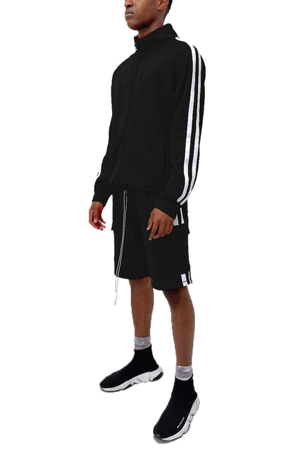 Two-piece track jacket and cargo shorts set, black with white stripe sleeve panels.