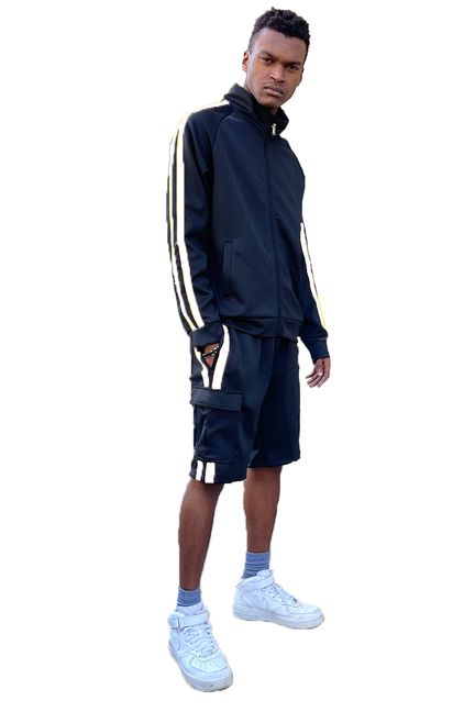 Two-piece track jacket and cargo shorts set, navy with white side stripes.