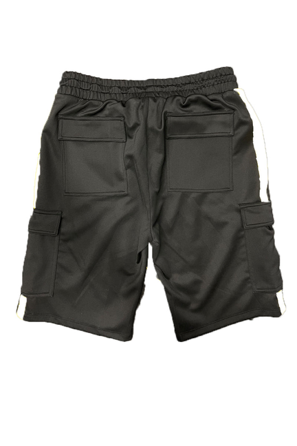 Cargo shorts, black with elastic waist and flap cargo pockets.