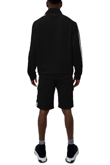 Two-piece track jacket and cargo shorts set, black with white stripe details.