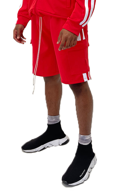 Red cargo shorts with white side stripes, drawstring waist and pockets