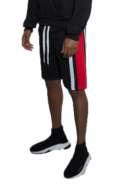 Black French terry shorts with drawstring and vertical side stripe