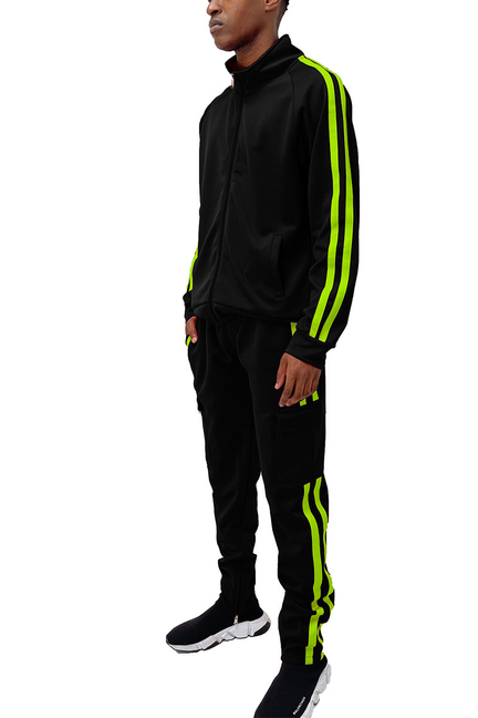 Black two-stripe cargo pant set with neon green side stripes, zip track jacket and pants
