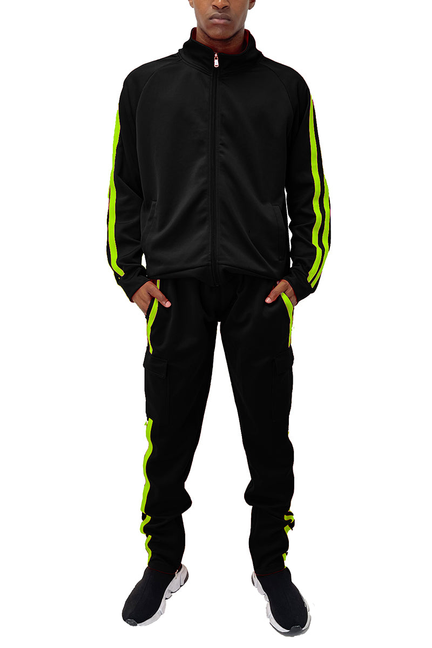 Black zip track jacket and cargo pants set with neon green side stripes