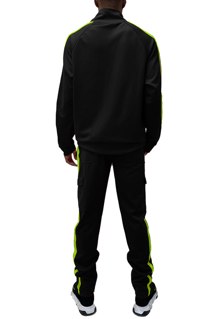Black track jacket and cargo pants set with neon green back and side stripes