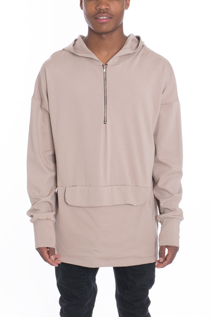 Taupe pouch pullover hoodie with half-zip and kangaroo pocket