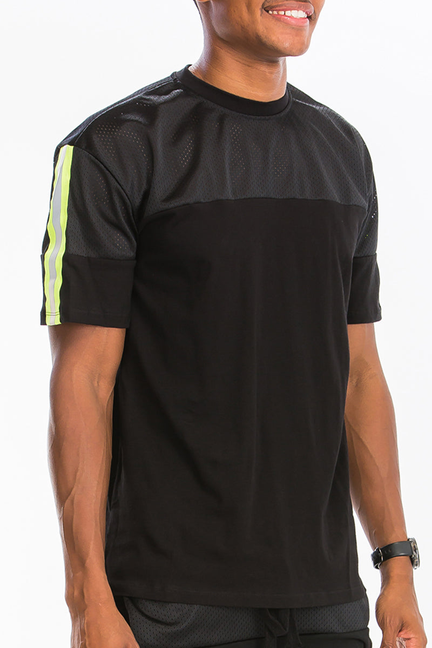 Quarter mesh cotton tee in black with lime side stripe and mesh shoulder panels.