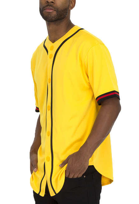 Yellow baseball jersey with black front placket, button-up, and striped sleeve cuffs