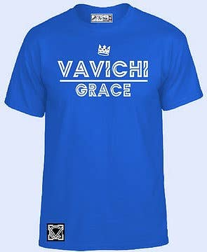 Men's blue crewneck graphic tee with VaVichi Grace front print