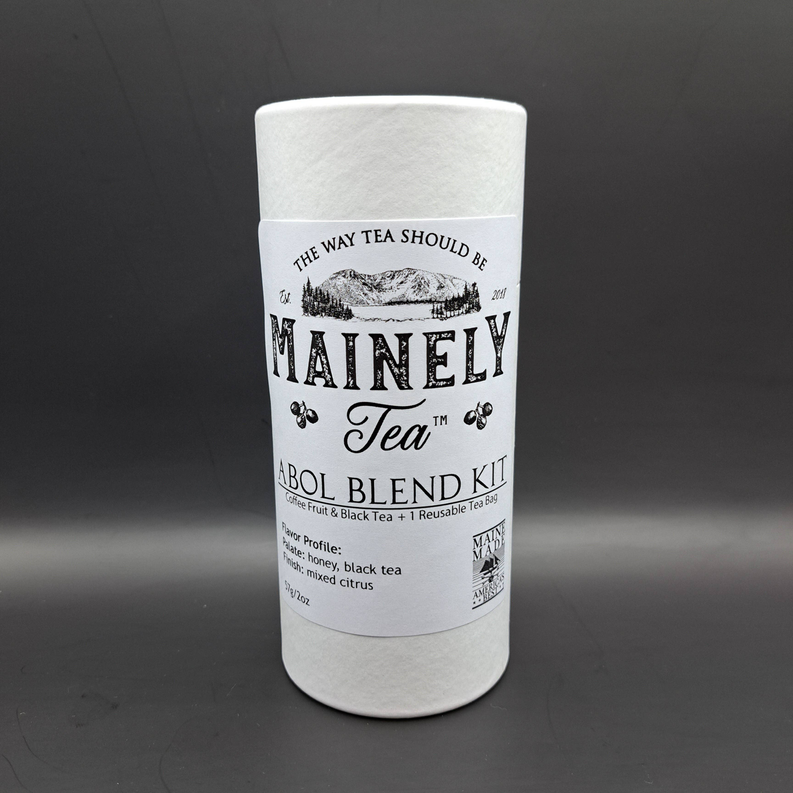 Loose leaf tea blend canister, white label with MaineLy Tea and Abol Blend kit text