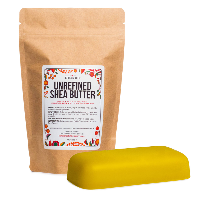 Yellow shea butter bar with kraft paper pouch packaging