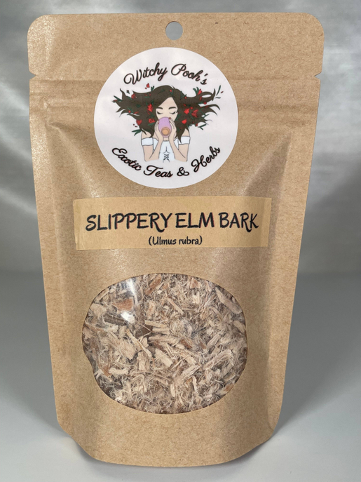 Slippery elm bark stand-up pouch, kraft wrap with round logo and bark window
