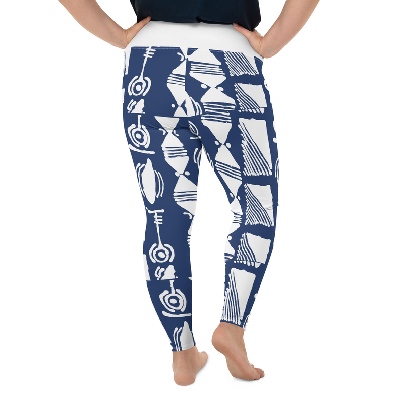 Indigo tribal print leggings with white abstract pattern, full-length skinny fit.