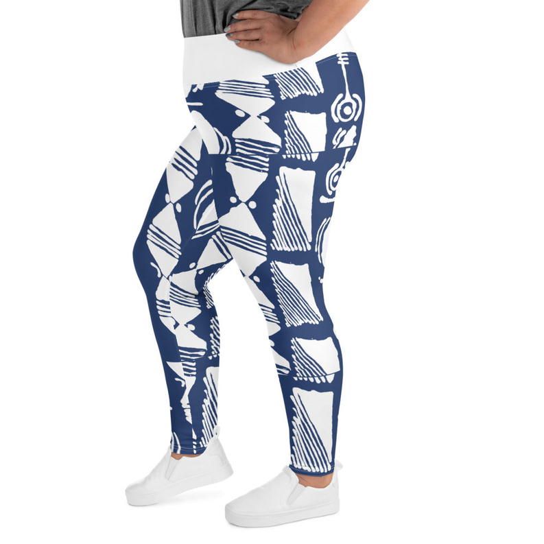 Indigo tribal print leggings, ankle-length with bold white geometric motifs.