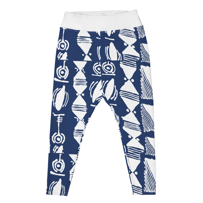Indigo tribal print leggings featuring white abstract icons and geometric stripes.