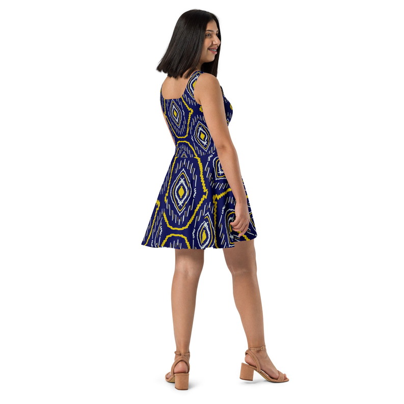 Sleeveless women's skater dress, blue and yellow geometric print, flared hem