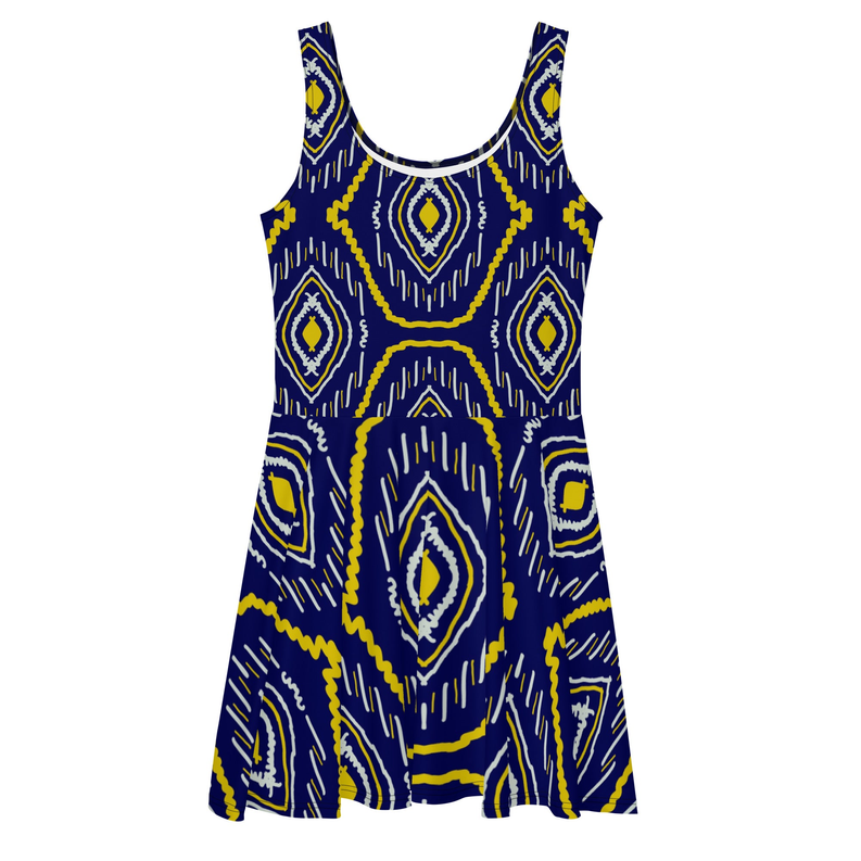 Women's skater dress front, blue-and-yellow geometric print with U-shaped neckline