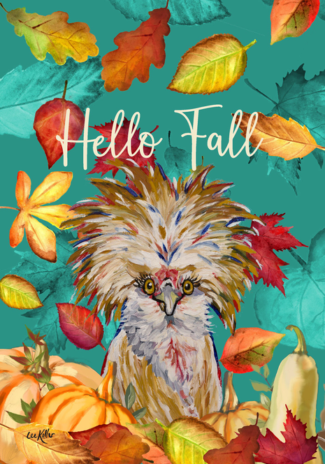 Fall owl garden flag with “Hello Fall” text and colorful autumn leaves