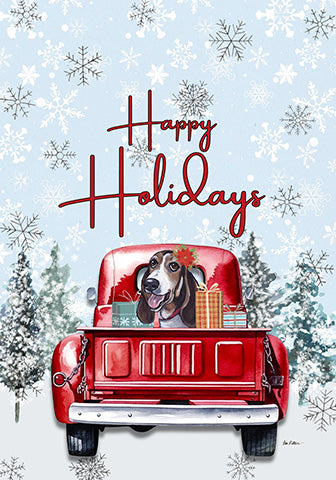 Holiday garden flag with basset hound in red truck, “Happy Holidays” and snowflakes
