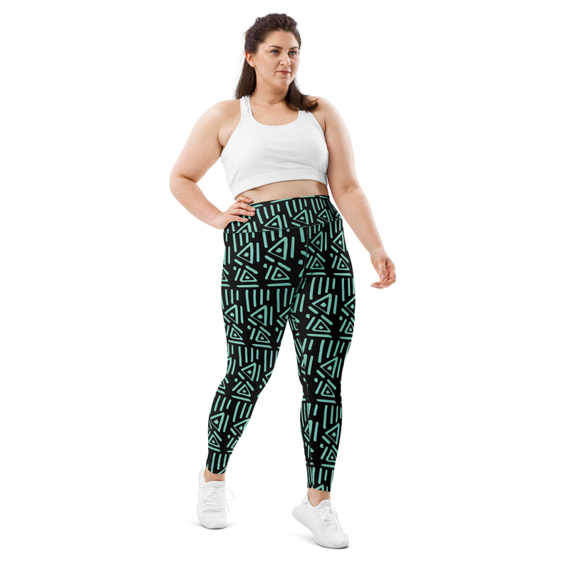 Green tribal print leggings with geometric pattern, ankle-length, elastic waistband