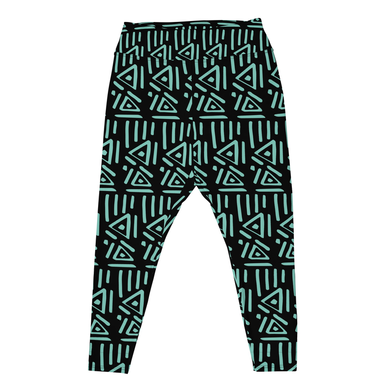 Green tribal leggings with allover geometric shapes, full-length, elastic waistband