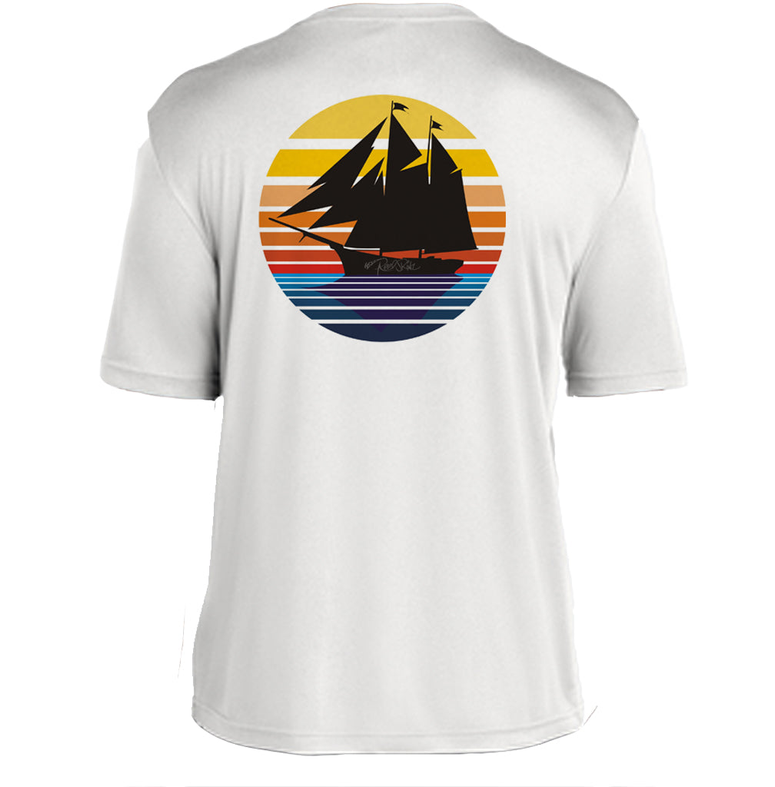 White T-shirt with retro pirate ship graphic on back
