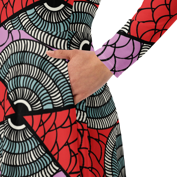 Geometric ankara midi dress with round neck, long sleeves, pink red and teal pattern
