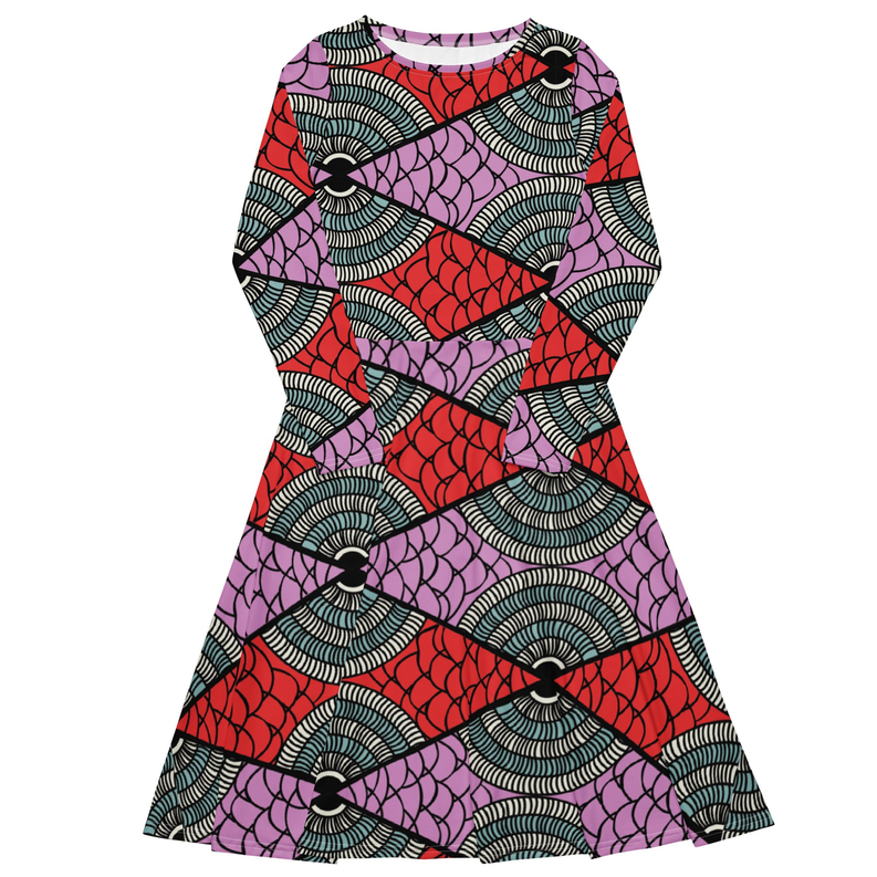 Geometric ankara midi dress, long sleeves, round neckline, red pink teal with black accents
