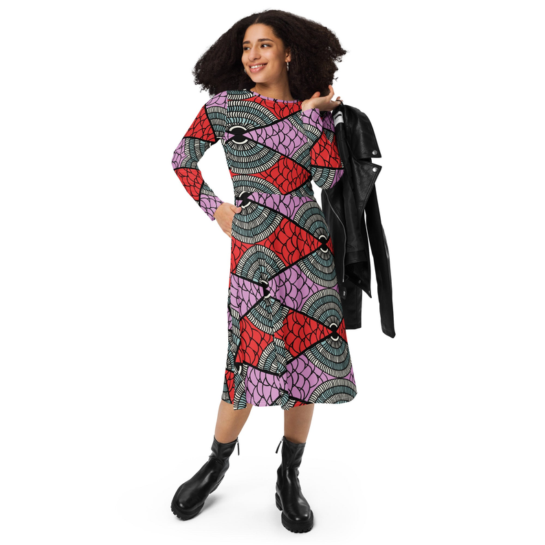 Geometric ankara midi dress, long sleeves, round neck, diagonal scale pattern in red, pink, teal