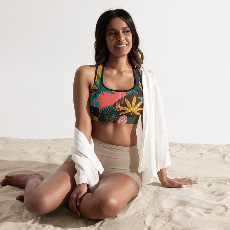 Padded sports bra with colorful leaf and geometric print, scoop neck, racer back