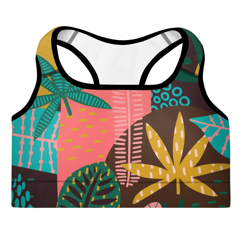 Padded sports bra front with multicolor leaf geometric print, racer back straps