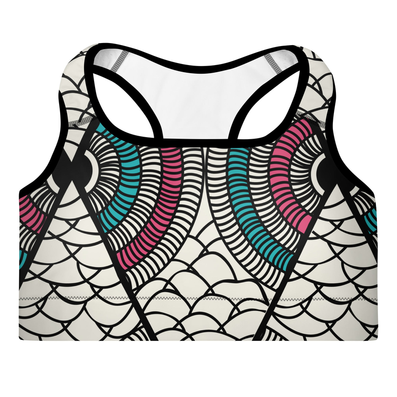 Padded sports bra with abstract wave and net print, racerback straps, white base
