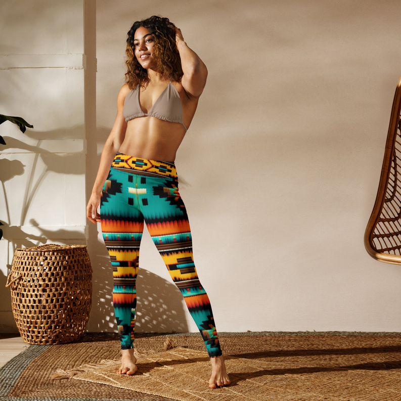 Full-length yoga leggings with teal, orange, yellow and black geometric pattern