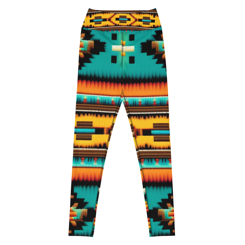 Full-length yoga leggings with multicolor geometric tribal pattern in teal and orange