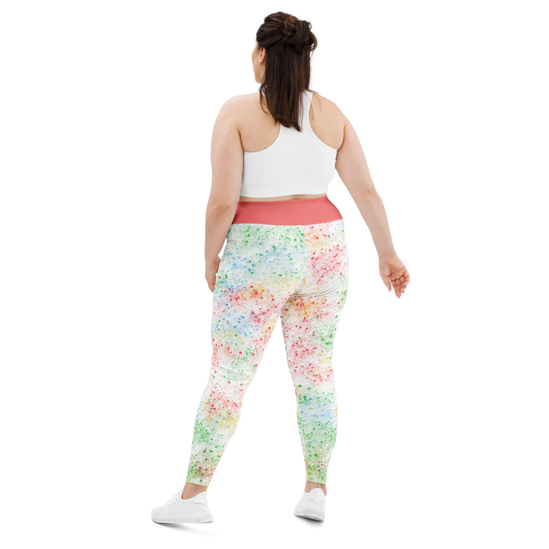 Multicolor speckle print leggings with coral waistband, full length